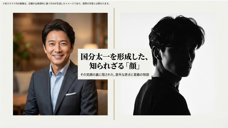 「Behind the Smile」というタイトルと共に、国分太一を形成した知られざる顔、笑顔の裏に隠された原点と葛藤を紐解くというキャッチコピーが記された表紙スライド。