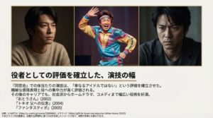 シリアス、コメディなど異なる役柄を演じるイメージ画像。「おとうさん」「ファンタスティポ」など社会派からホームドラマまでの実績を紹介