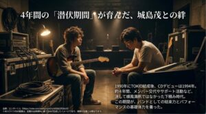 1990年の結成から94年のCDデビューまでの約4年間、メンバー交代や下積み時代を経てバンドの結束力を養った歴史を解説するテキストスライド