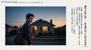 夜の住宅街でバッグを背負い立ち尽くす少年。父親との衝突、実家を飛び出しての合宿所生活開始、そして「生きる手段」としての芸能活動への決意を表現したスライド