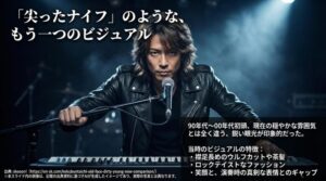 現在とは対照的な「鋭い眼光」を強調した解説。ウルフカット、茶髪、ロックテイストなファッションなど、当時のビジュアル的特徴をまとめたスライド