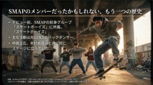 SMAPの前身グループ「スケートボーイズ」に所属し、中居正広や木村拓哉と共に光GENJIのバックダンサーを務めていた歴史を解説するスライド