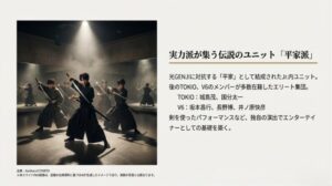 剣を使ったパフォーマンスを行う平家派のイメージ画像。城島茂、坂本昌行、長野博、井ノ原快彦らが在籍したJr.内のエリート集団であることを説明