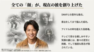 SMAPとの接点、家出、役者魂など、これまでの人生のピースを総括。笑顔の裏にある強固な意志を伝えるテキストスライド