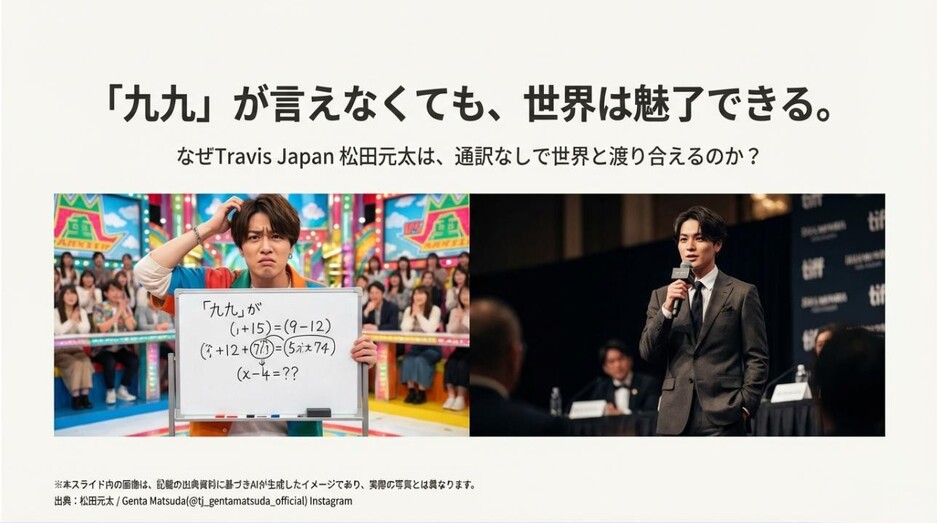 「九九」が書かれたホワイトボードを持つコミカルな姿と、国際舞台で堂々とスピーチする姿の対比イメージ