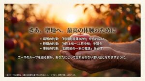 「利根町追貝2699」の住所確認、9月〜11月の時期確認、訪問前の電話確認という、聖地巡礼を成功させるための3つのポイントをまとめたスライド