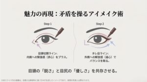 目頭切開ラインで求心力を、タレ目ラインで遠心力のバランスを取るアイメイクの手順解説