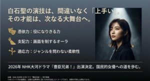 憑依力・支配力・適応力の三要素と、2026年大河ドラマ出演決定という未来の展望をまとめた最終スライド