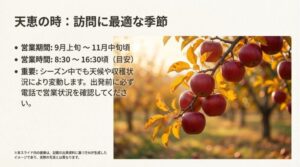営業期間が9月上旬から11月中旬、営業時間が8:30から16:30頃であることと、出発前の電話確認を推奨する案内スライド