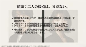 2024年現在、共演歴や熱愛報道がなく 、噂はファンの願望やアルゴリズムによる錯誤相関であることを示すスライド