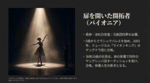 スポットライトを浴びるバレリーナと子供のシルエットに、俳優人生の原点を記したスライド