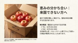 地方発送のための電話番号(0278-56-2542)とFAX番号(0278-56-3263)、およびベルーナドームでのコラボグッズ販売に触れたスライド