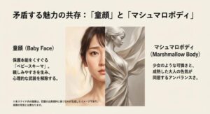 ベビースキーマによる保護本能と成熟した大人の色気が同居するアンバランスな魅力を視覚化したスライド