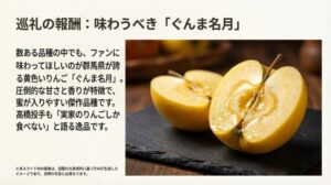 圧倒的な甘さと香りが特徴の黄色いりんご「ぐんま名月」の断面図と、高橋投手も愛食していることを紹介するスライド