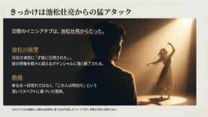 「才能に圧倒された」という文字と共に、深いリスペクトに基づいた池松壮亮の情熱的なアプローチを説明するスライド