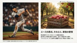 埼玉西武ライオンズのエース・高橋光成投手の投球姿と、彼を育んだ群馬の豊かな自然を表現したイメージスライド