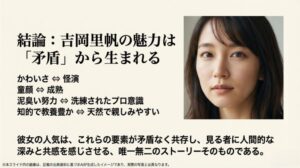 可愛さと怪演、童顔と成熟、努力と洗練など、相反する要素が矛盾なく共存する唯一無二の魅力をまとめた結論のスライド