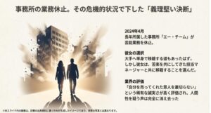 前事務所の業務休止に際し、担当マネージャーと共に移籍することを選んだ誠実な決断を紹介するスライド