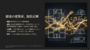 建築図面とギターのイラストが重なり、父・池松正剛氏の経歴と哲学を記したスライド