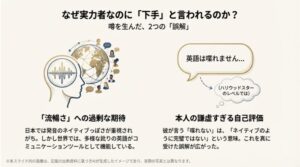 日本特有の流暢さへの過剰な期待と、本人の謙虚すぎる自己評価が「下手」という噂を生んだ理由の解説