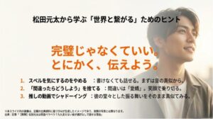 スペルを気にせず音を真似る、間違いを恐れない、推しの動画でシャドーイングするという具体的なヒント