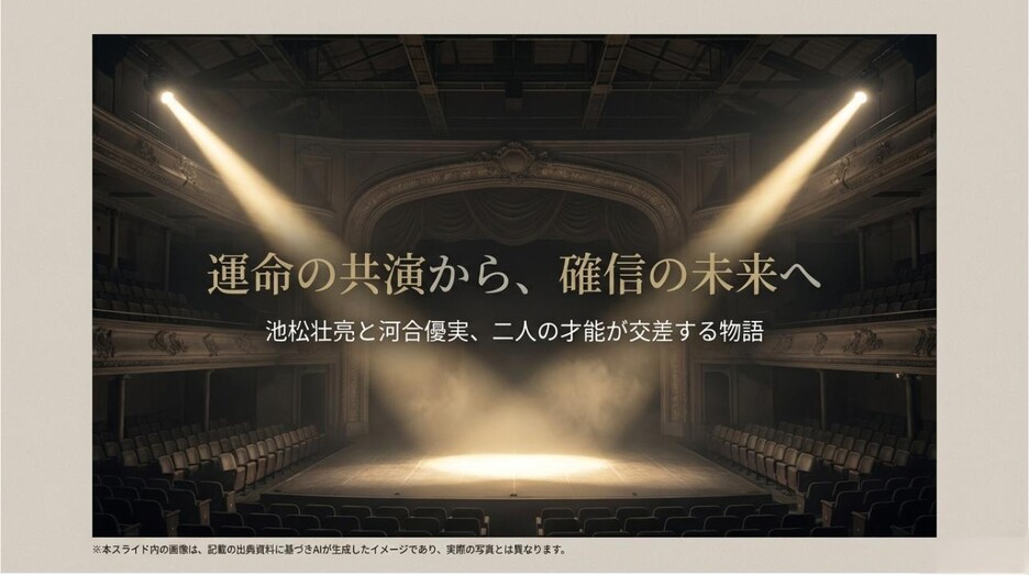 劇場の客席を背景に「運命の共演から、確信の未来へ」というタイトルが配された、池松壮亮と河合優実の特集アイキャッチ画像