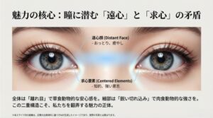 全体の離れ目(遠心)による安心感と、目頭の鋭さ(求心)による強さが共存する目元の構造解説