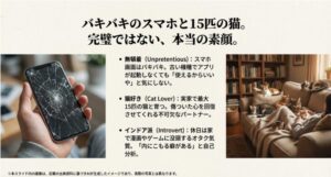 画面の割れたスマホを使い続ける無頓着さや、15匹の猫と育ったオタク気質な一面を紹介するスライド