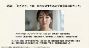 かつての批判されたあざとさが、実は弱さを乗り越え期待に応えるためのプロ意識であったと結論づけるスライド