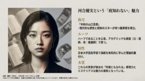 河合優実のポートレート画像と共に、ハーフのルーツや学術的な背景が彼女の表現力の源泉であることを示したスライド