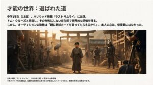 映画撮影機材に囲まれた時代劇のセットの中で、凛として立つ少年の姿を描いたイメージ