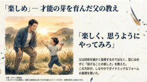 親子でキャッチボールをする温かいイラストと、型にはめず楽しさを教えた父の方針を解説するスライド