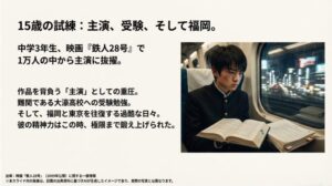 夜の移動列車の中で学ランを着たまま参考書を広げ、孤独に努力する少年の横顔