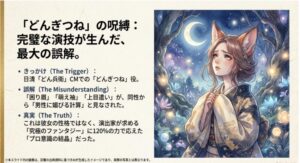 どん兵衛CMの「どんぎつね」役で見せた仕草が、演出に応えるためのプロ意識の結晶であったことを解説するスライド