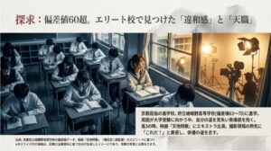 京都府立嵯峨野高等学校の偏差値データと、エキストラ出演を機に俳優を志したエピソードを紹介するスライド