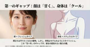 顔タイプ「フレッシュ」の甘さと、骨格タイプ「ナチュラル」のスタイリッシュな身体のギャップを解説した図解