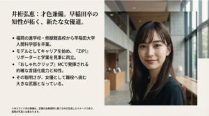 早稲田大学を卒業し 、MCや女優として知性を発揮する井桁弘恵の背景をまとめたスライド