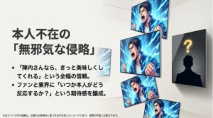 叫ぶ男性のイラストと共に、松田元太の陣内智則に対する全幅の信頼とファンの期待感を説明するスライド