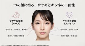 ベースとなるウサギの癒やし要素と、スパイスとなるキツネの知的・色気要素のパーツ比較スライド