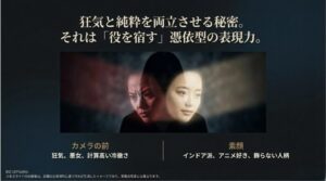 狂気や冷徹な役柄と、インドアでアニメ好きという飾らない素顔のギャップを分析した比較スライド