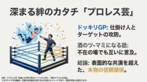 プロレスリングのイラストで、松田元太と陣内智則の表面的な共演を超えた本物の信頼関係を解説するスライド