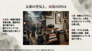 映像カメラマンの父とアパレル出身の母を持ち、映画や伝統芸能に囲まれて育った太秦でのルーツを示すスライド