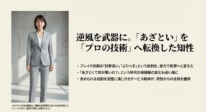 グレーのスーツをスマートに着こなし、求められる役割を完璧に演じるプロ意識と同性からの支持について解説したスライド