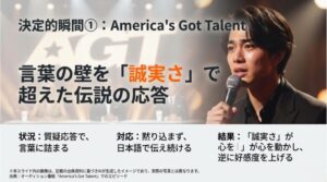 AGTの質疑応答で言葉に詰まっても日本語で伝え続け、逆に好感度を上げたエピソードの図解