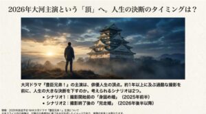 城を背景にした人物と、2026年大河ドラマ『豊臣兄弟！』主演に合わせた結婚のタイミング案を示すスライド