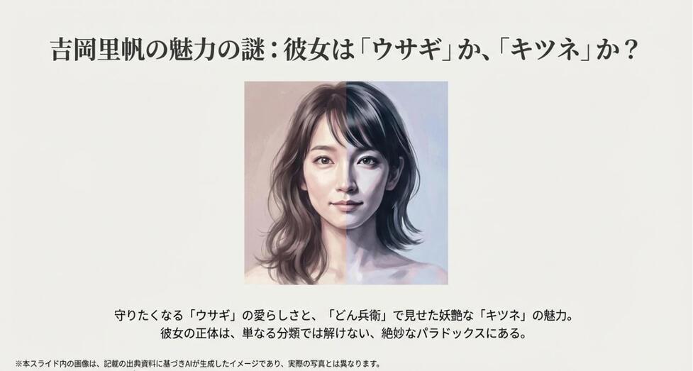 吉岡里帆の顔立ちを、愛らしいウサギと妖艶なキツネの二面性で表現したアイキャッチ画像