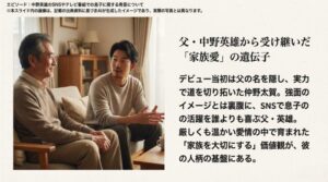 親子が対話するイメージ画像と、父・中野英雄さんとの関係や家族を大切にする人柄について触れたスライド