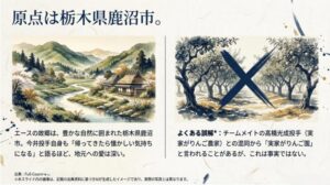 りんご園の背景に大きな×印が描かれ、実家が農家である高橋投手との混同である事実を正すスライド