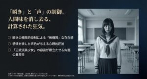 瞬きの極限的抑制や無機質な存在感など、絶対正義での役作りとテクニックを解説したスライド