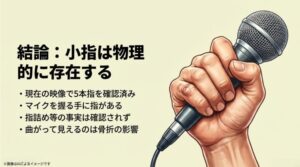 マイクを握る手や現在の映像から5本の指を確認し、指詰めは事実ではないと結論づけるまとめスライド